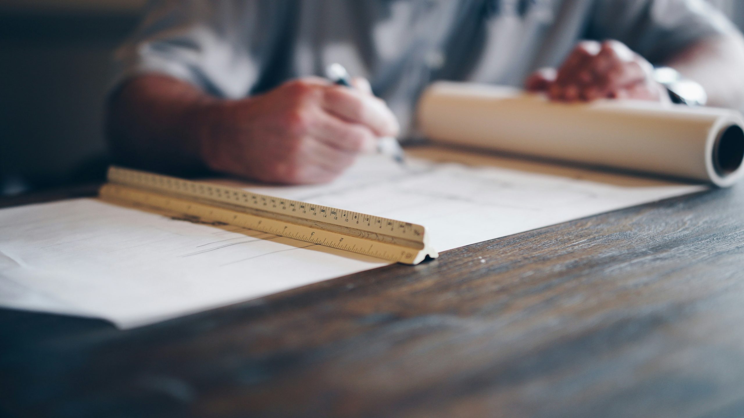 Technical drawing on paper with ruler and pen